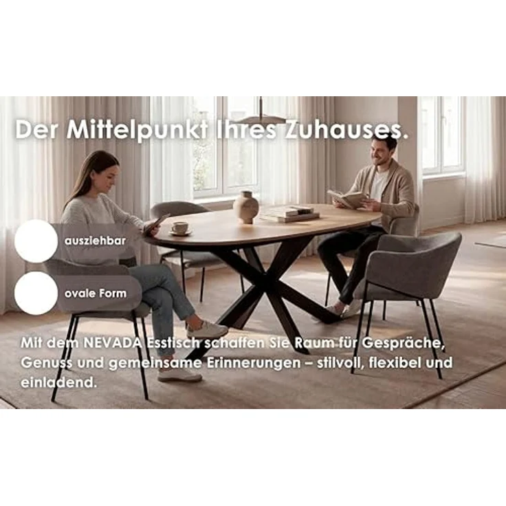 byLIVING Ausziehbarer Esstisch Nevada 140x90 cm, erweiterbar auf 180 cm Mittelauszug Butterfly Funktion, Ovaler Tisch Esszimmer, Eiche Optik, Metallfuß Schwarz stabil, Maße: 140-180 x 90, H 75 cm – Bild 4