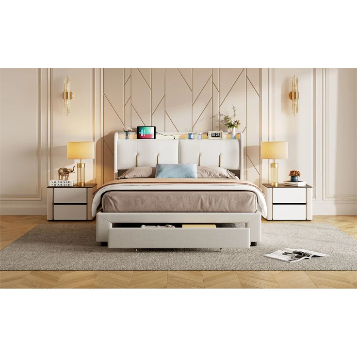Pressure bed with storage function, light strip and USB charging port, double bed 160 * 200cm beige velvet European standard charger – Bild 4