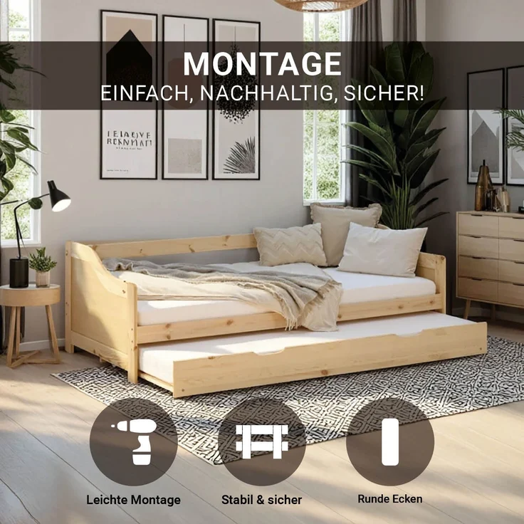 Homestyle4u Holzbett, 90x200 cm, integriertes ausziehbares Gästebett, Kiefernholz natur – Bild 1