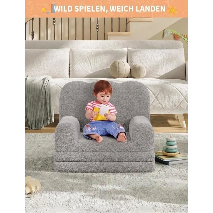 GarveeMore Kindersofa 2-in-1 Schlafsofa Sofabett Klappsofa für Kinder aus Teddystoff – Bild 2