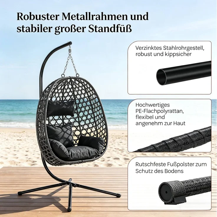 Hängeeierstuhl aus PE-Rattan, höhenverstellbar & 360° schwenkbar, 105x105x195 cm, Anthrazit – Bild 5