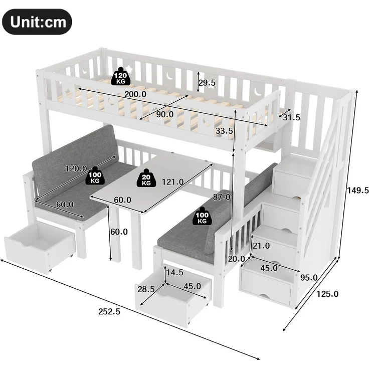 Hochbett 90x200 cm, multifunktionales Kinderbett mit integriertem Klapptisch, Stauraumleiter und gepolstertem Unterbett – Bild 7
