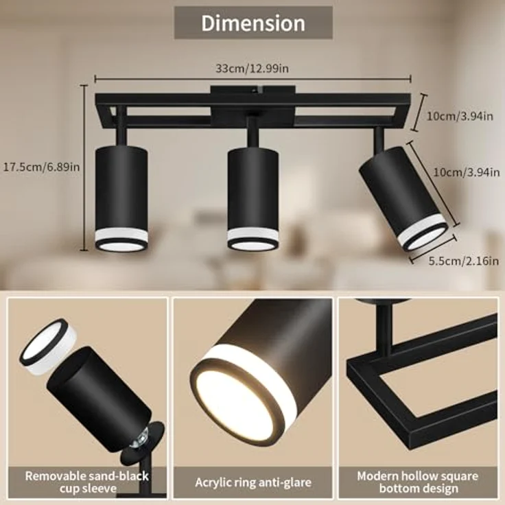 Dehobo LED Deckenstrahler 3 Flammig Schwarz GU10, Deckenlampe Strahler Schwenkbar 350°, Deckenspots für Küche Schlafzimmer Wohnzimmer, Nein Leuchtmittel – Bild 3