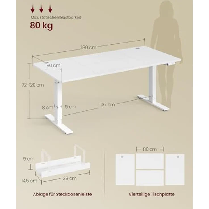VASAGLE Höhenverstellbarer Schreibtisch, 180x80 cm, USB-C-Anschluss, Ablage für Steckdosenleiste, Stehtisch, Erinnerung bei langem Sitzen, 3 Speichertasten, für Büro, mattweiß LSD148WZ02 – Bild 4