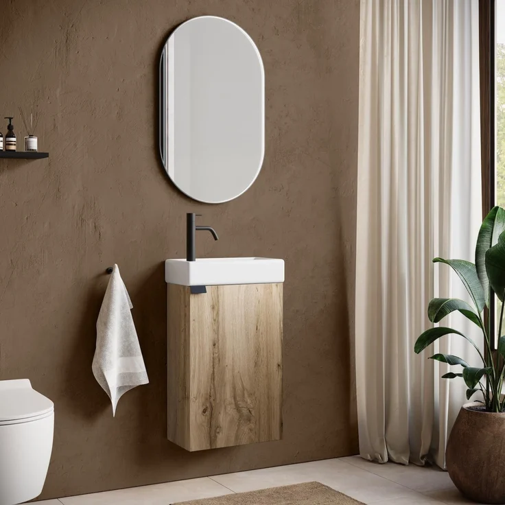 Badplaats Gäste-WC Waschtisch Set Apollo 40 x 22 cm Eiche Hell - Platzsparende Badmöbel Set mit Waschbecken und Unterschrank – Bild 2