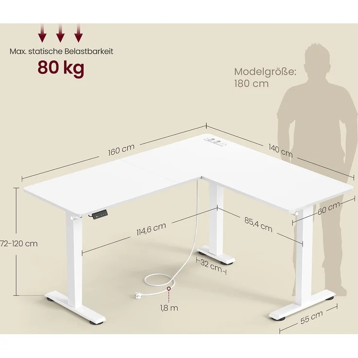 VASAGLE Höhenverstellbarer Schreibtisch elektrisch, L-förmiger Eckschreibtisch, mit Ladestation, Memory-Funktion mit 2 Höhen, für Homeoffice, wolkenweiß-mattweiß, 140x160 cm – Bild 3
