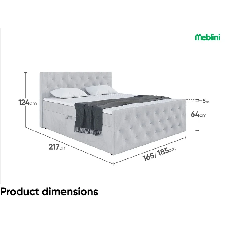 MEBLINI Boxspringbett PEDRO 160x200cm - H3B/Hellgrau Samt - mit Bettkasten - Polsterbett - Doppelbett mit Topper & Bonellfederkern-Matratze – Bild 7