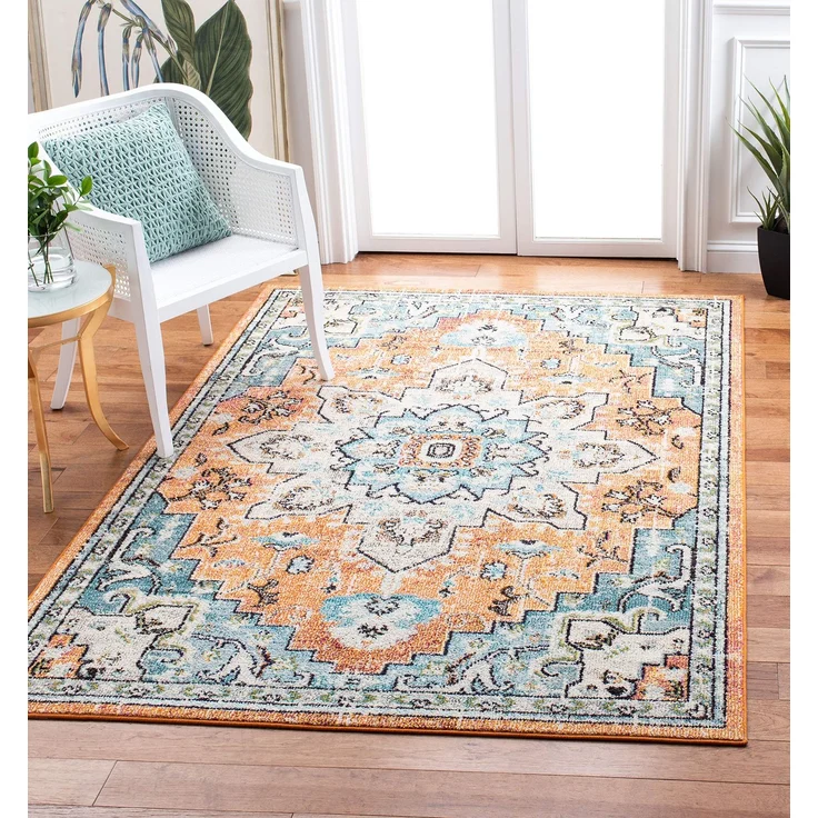 SAFAVIEH Boho Teppich für Wohnzimmer, Esszimmer, Schlafzimmer - Madison Collection, Kurzer Flor, Orange und Blaugrün, 160x160 cm