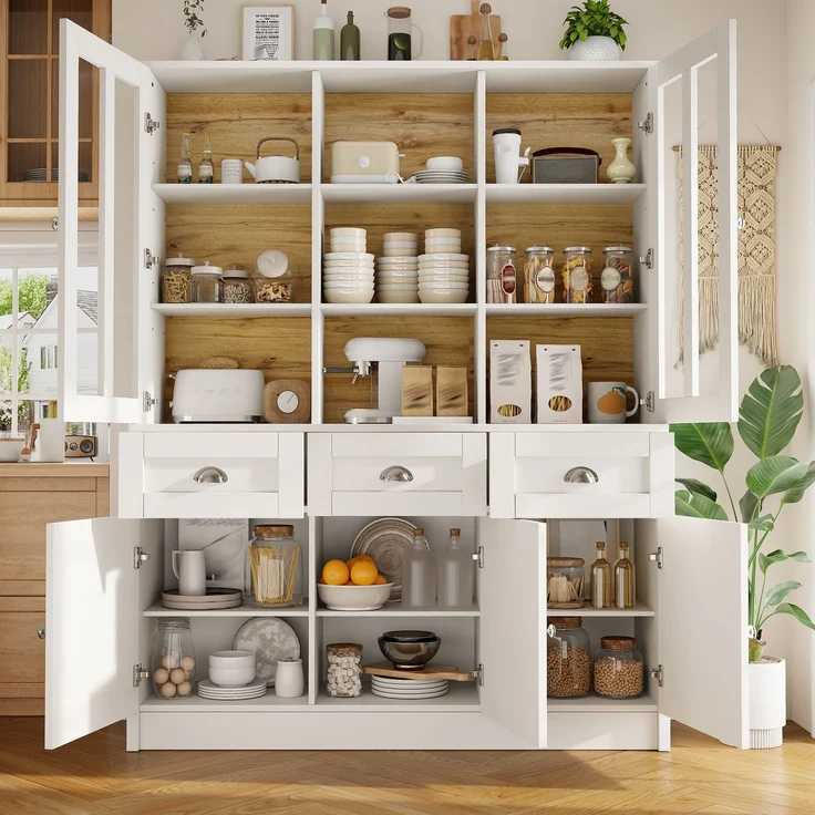 Hochschränke fürs Wohnzimmer(140×38.5×175cm), Vitrinenschrank,Küchenschrank,Esszimmerschrank mit Schubladen, Moderner Minimalistischer Hochschrank, Standvitrine für Küche Wohnzimmer Esszimmer, Weiß--Weiß--140x38.5x175cm--YOUDENOVA – Bild 3