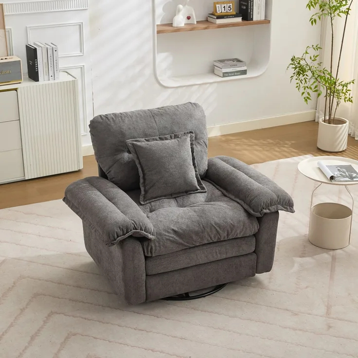 Chenille-360°-Drehfunktion-Sitzsessel im Oversized-Format für Lesen – Bequemer Akzentstuhl mit Unterstützungskissen, Polstermöbel Einzelsofa für Schlafzimmer, Wohnzimmer und Kinderzimmer--Grau--116x84x96cm--YOUDENOVA