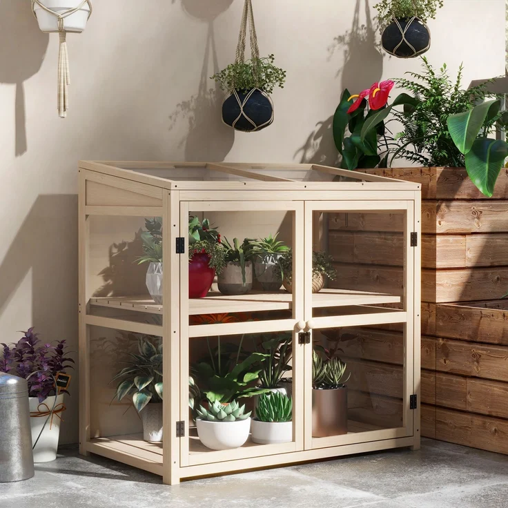 MELAYR, Frühbeet Hochbeet Pflanzenbeet, wetterbeständig, 2 Ebenen, Fichtenholz, 103 x 61 x 103 cm, Natur, Naturholz – Bild 3