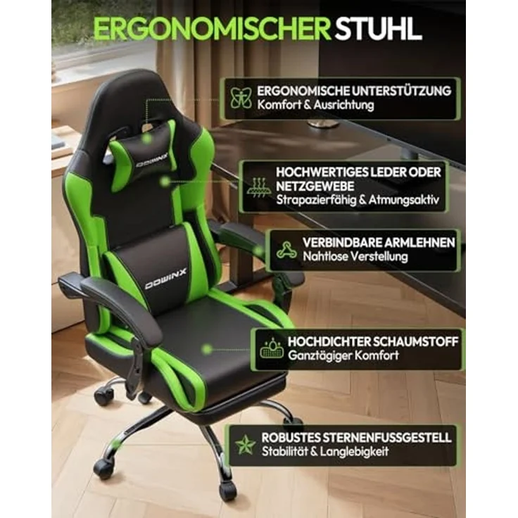 Dowinx Gaming Stuhl Bürostuhl Massage Gaming Sessel mit höhenverstellbaren Linkage-Armlehnen, ergonomischer Gamer Stuhl mit Fußstütze, gepolstert Gaming Chair 150° neigbar bis 180 kg, Grün – Bild 5