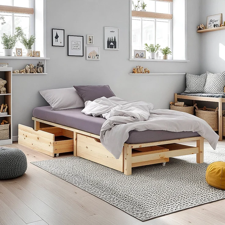 Holzbett 90x200 mit Matratze Bettkasten 2er Set Holzbettrahmen Palettenbett Einzelbett Bett Massiv Holz – Bild 2