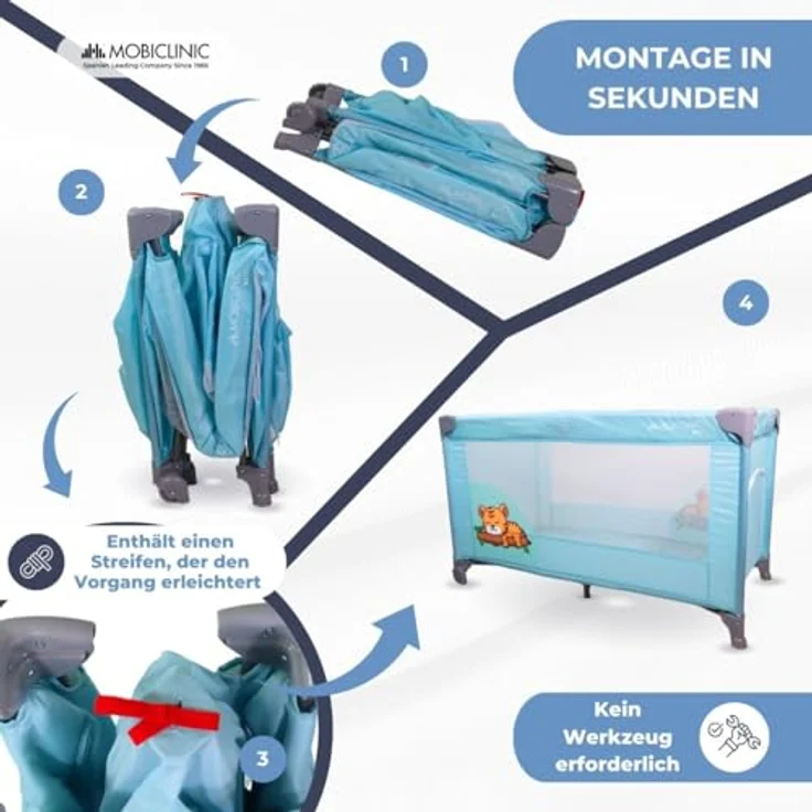 Mobiclinic®, Reisebett, Tragetasche, 2 in 1, Ultrakompakt faltbar, Herausnehmbare matratze, Mofli, Bis zu 15kg, Atmungsaktives gewebe, Seiteneingang mit reißverschluss, Baby laufstall (himmelblau) – Bild 7