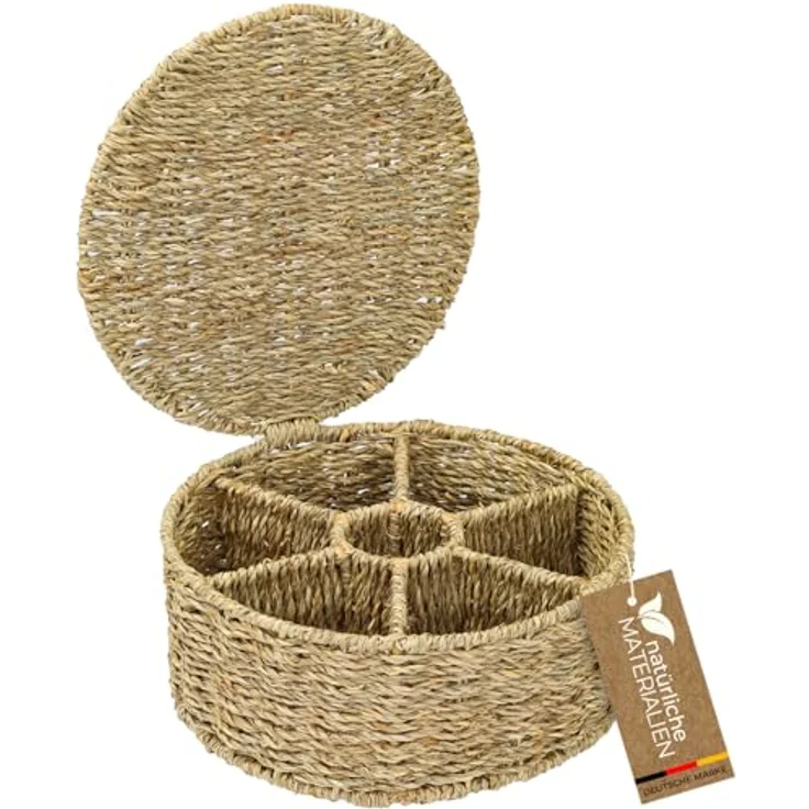 HMF Teebox Teebox für Teebeutel geflochten aus Seegras, Seegras, Tee Aufbewahrungsbox mit 7 großen Fächern, 27 x 27 x 11 cm – Bild 2