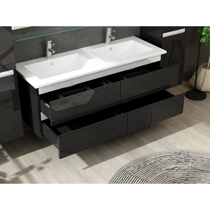 Homeline Badmöbel Set mit Schubladen Glas ablage (Marcel Schwarz, 120 cm Doppelbecken ohne Hochschrank) – Bild 4