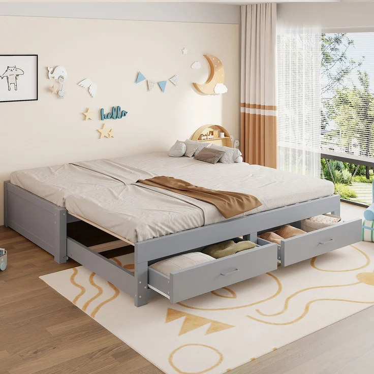 ZUBALIYA Tagesbett 90/180 × 190 cm, Holz, Ausziehbett, Schubladen, Lattenrost, Grau – Bild 1