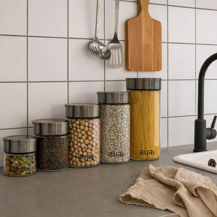 BURI Vorratsglas Vakuumglas 6er Set 1000ml | Vorratsdosen Glas mit Edelstahl Deckel & Vakuum Klick-Mechanismus | Luftdicht mottensicher auslaufsicher stapelbar spülmaschinenfest – Bild 8