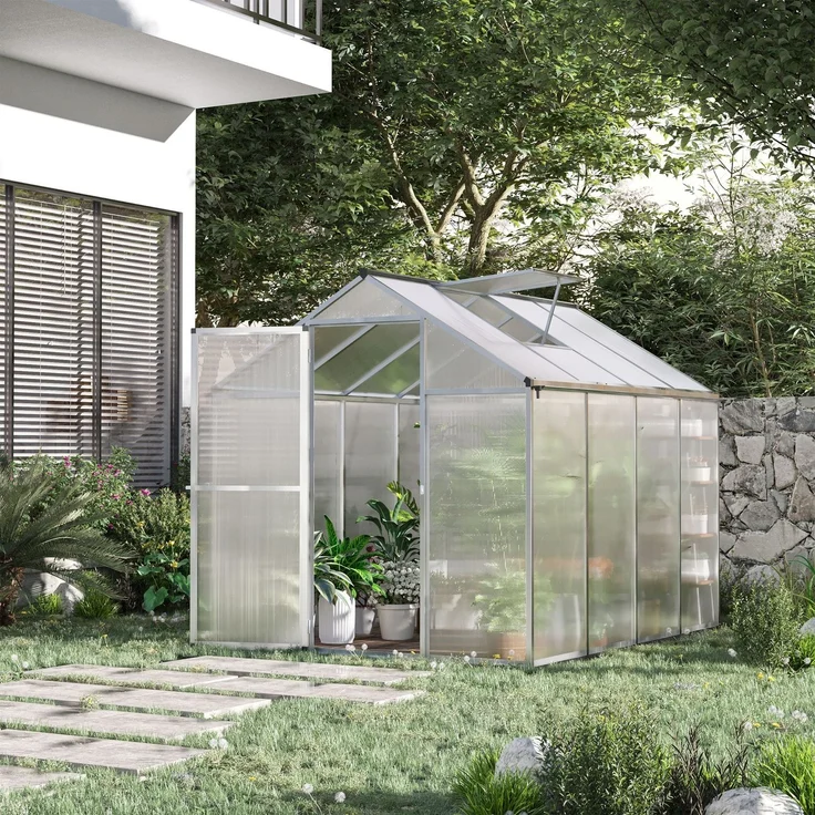 Wohnora-Gewächshaus aus Aluminium und Polycarbonat, 4,6 m², Abmessungen 2,42 m L x 1,9 m B x 1,95 m H, mit Oberlicht und Schnapptür,H 1950cm x T 1780cm x B 1900cm,Transparent – Bild 2