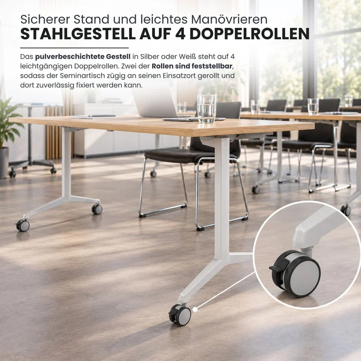bümö Seminartisch klappbar fahrbar 120x80 cm Buche, Gestell silber - Klapptisch staffelbar, mit vier Doppelrollen Büro Schulungstisch, KFZ12-6-S – Bild 4