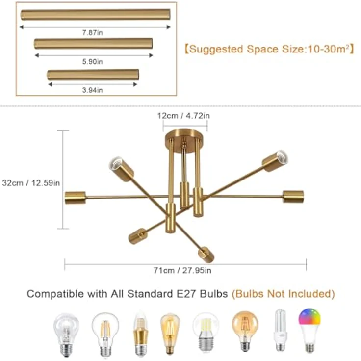 Goeco Vintage Deckenleuchte 6 Flammig E27 Fassung Max. 60 W Gold Kronleuchter Retro Sputnik Deckenlampe für Schlafzimmer Wohnzimmer Küche, Glühbirnen Nicht Inbegriffen – Bild 3
