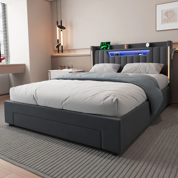 Polsterbett 140x200 cm mit LED-Beleuchtung, Ladestation und Stauraum – Ohne Matratze – Bild 2