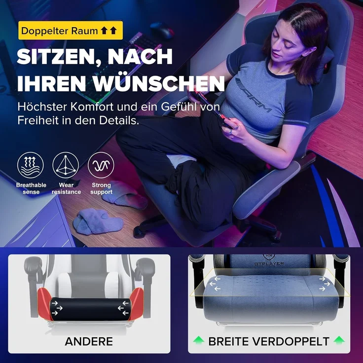 GTPLAYER Gaming Stuhl Ergonomischer Gaming Sessel Schreibtischstuhl mit Stoffoberfläche, Federsitzkissen, Verbindungsarmlehnen und Fußstütze blau – Bild 3