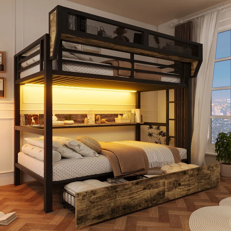 Etagenbett, 90 x 200 cm, Eisenbett, Ablagebord, Aufbewahrungskorb, 2 Eisenschubladen, LED-Licht,ohne Matratze, Schwarz – Bild 3