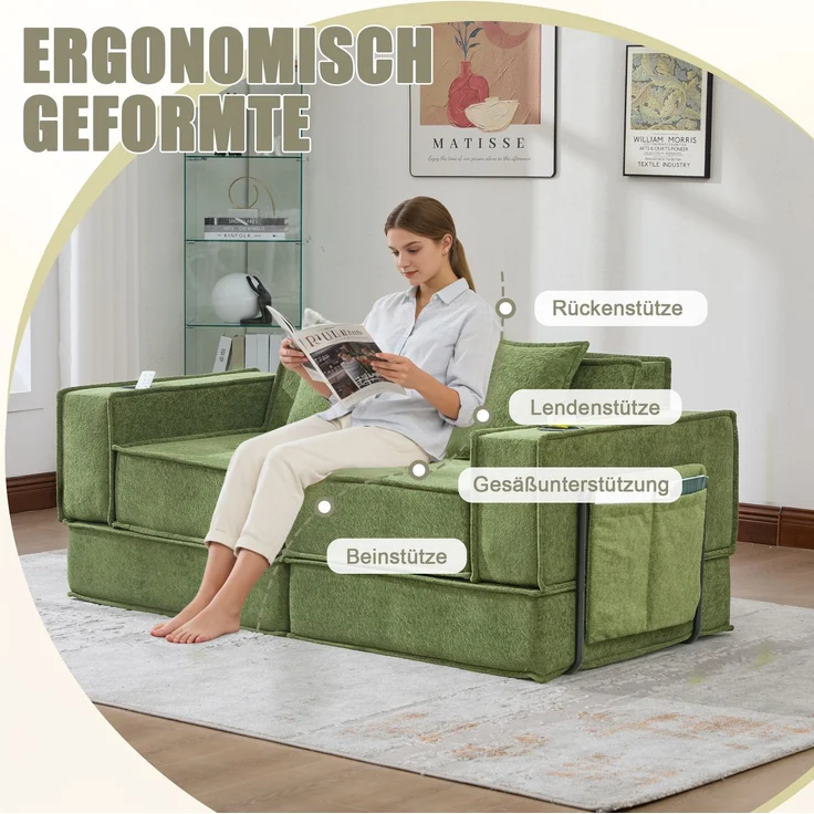 2-Sitzer-Sofa, Chenille mit Seitentaschen & 2 Kissen, 162x78x66 cm, Grün – Bild 9