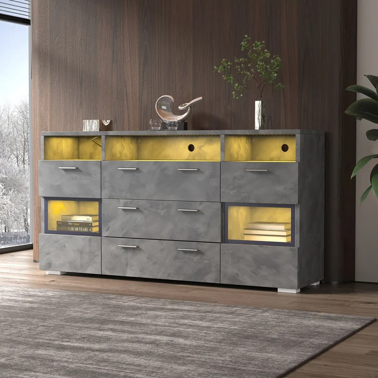 DESVIAE Sideboard mit LED-Beleuchtung, 2 Türen und 3 Schubladen, 140x72,5x33,5 cm, Spanplatte, Grau – Bild 2