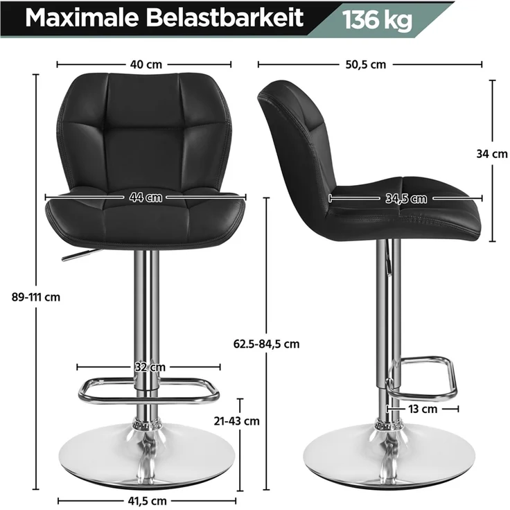 Yaheetech 2er-Set Barhocker mit Fußstütze, Drehbar & Höhenverstellbar, Schwarz – Bild 4