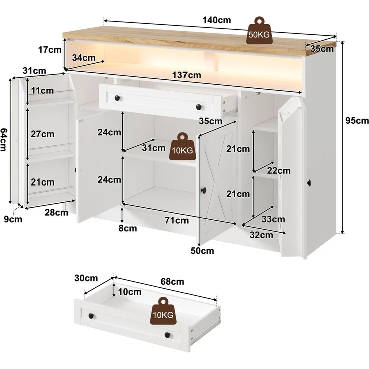 Sideboard 140 x 35 x 95 cm aus MDF mit RGB-LED-Beleuchtung und Schublade – Bild 4