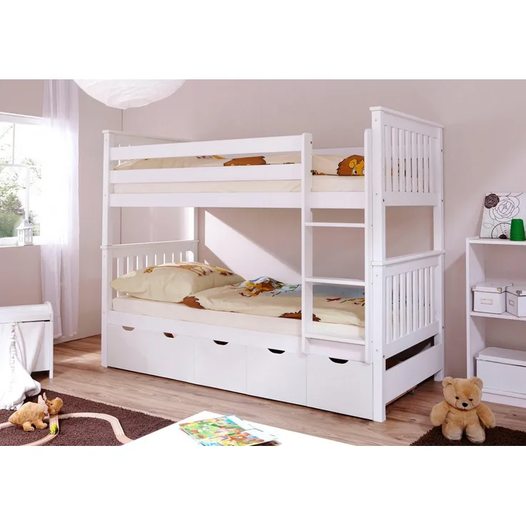 Ticaa Etagenbett Sammy (90x200cm), mit Stauraum, umbaubar zu 2 Einzelbetten, Rollrost, Massivholz