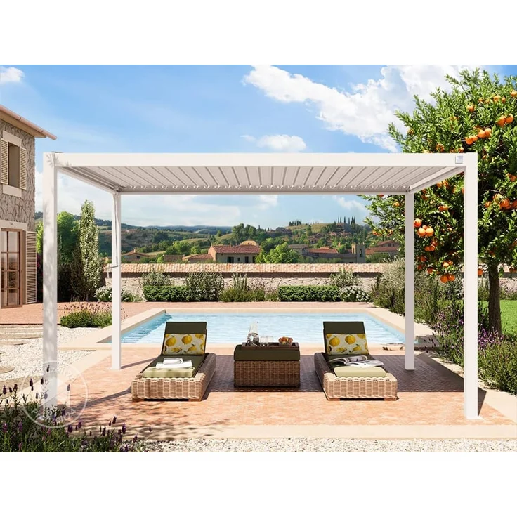 PRIMEYARD Pergola 3x4 m Aluminium-Pfosten mit Lamellendach aus Stahl weiße Terrassenüberdachung – Bild 3