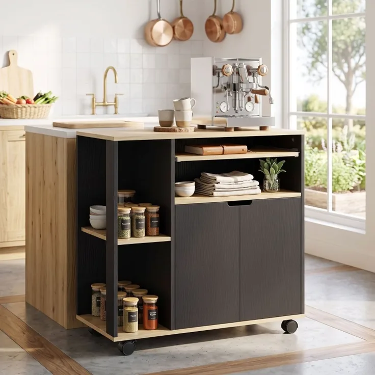 Küchenwagen 80 x 40 x 82 cm in Schwarz mit Arbeitsplatte, Schrank und Rollen