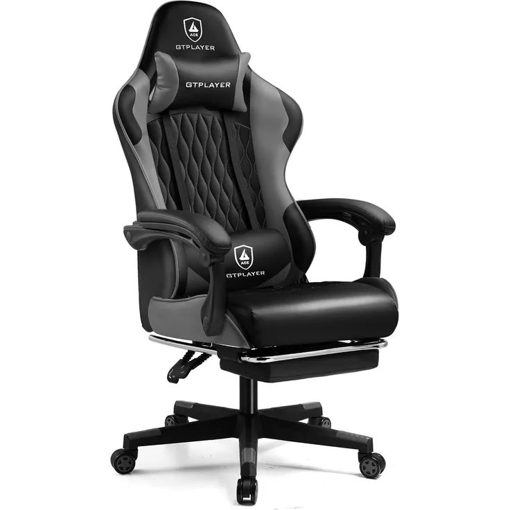 GTPLAYER Gaming Stuhl, Gamer Stuhl, Ergonomischer Bürostuhl mit mit Fußstütze verstellbare Lenden und Kopfkissen, Gaming Chair Gepolstert, Gaming Sessel 150 kg Belastbarkeit grau