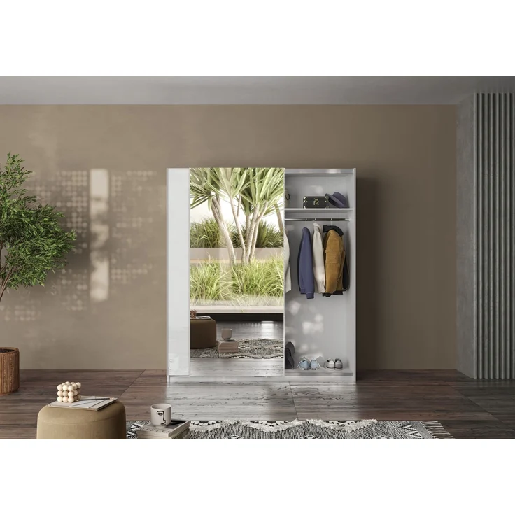Schwebetürenschrank >Salva< 2 Böden, 2 Stangen, Spiegel, Weiß Hochglanz/Weiß - 180x210x55cm B/H/T – Bild 3