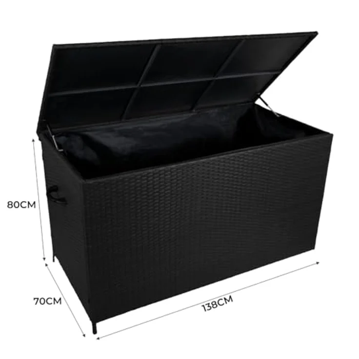 Monstershop Kissenbox, Rattan mit pulverbeschichtetem Stahlrahmen, Schwarz, 582 Liter Stauraum, gasunterstützter Deckelhebemechanismus – Bild 5