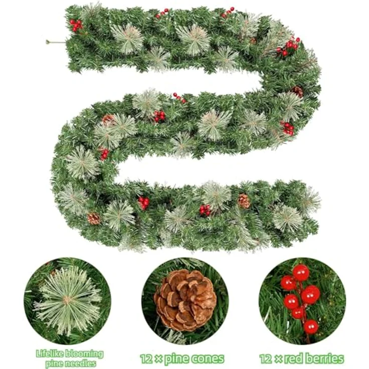 Uten künstliche Tannengirlande, Girlande 2.2m mit roter Beeren und Tannenzapfen, Weihnachtsdeko für Treppe, Tür – Bild 3