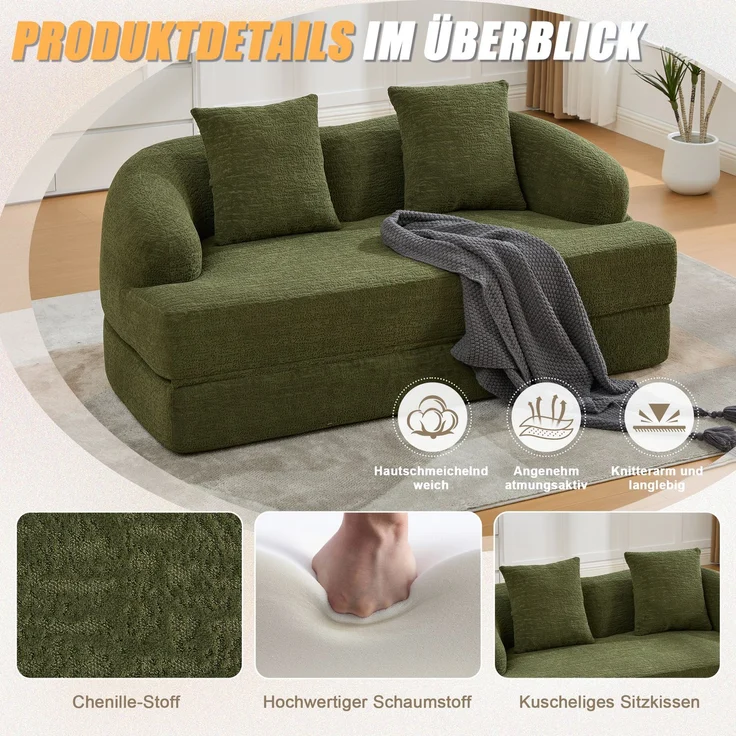 ZUBALIYA Schlafsofa 84x65 cm, mit LED - Beleuchtung, mit Chenille - Bezug, modular aufgebaut, mit Schaumstoffpolsterung, Grün – Bild 2