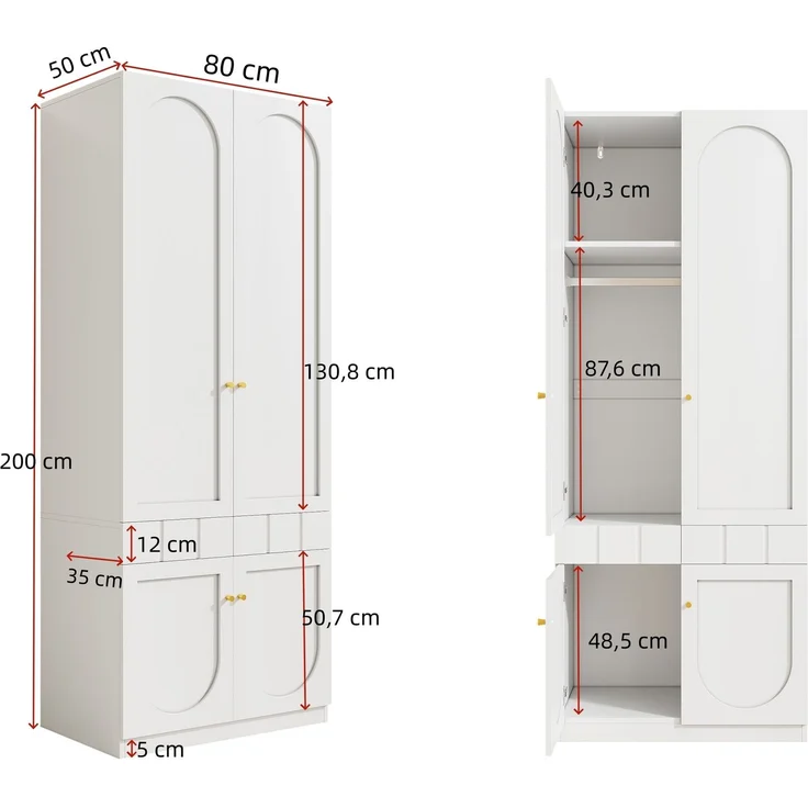 CHICFURN Kleiderschrank 2er-Set 160x200x50 cm mit Schubladen und Kleiderstange – Weiß – Bild 8