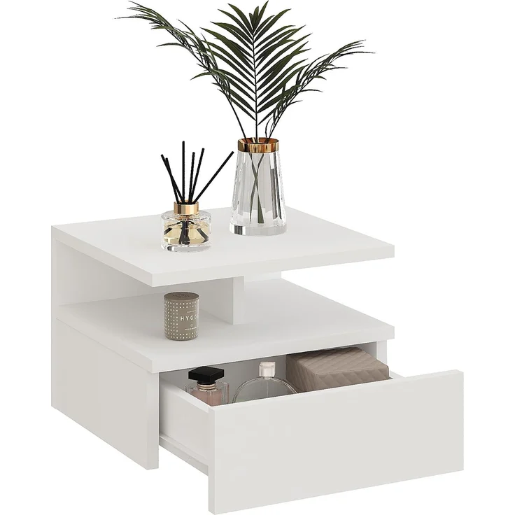 KOMTO Nachttisch Hängend mit Ablage, Wandregal mit Schublade | Nachttisch Weiß, Nachtschrank Hängend, 35,4 × 32,2 × 24,6 cm