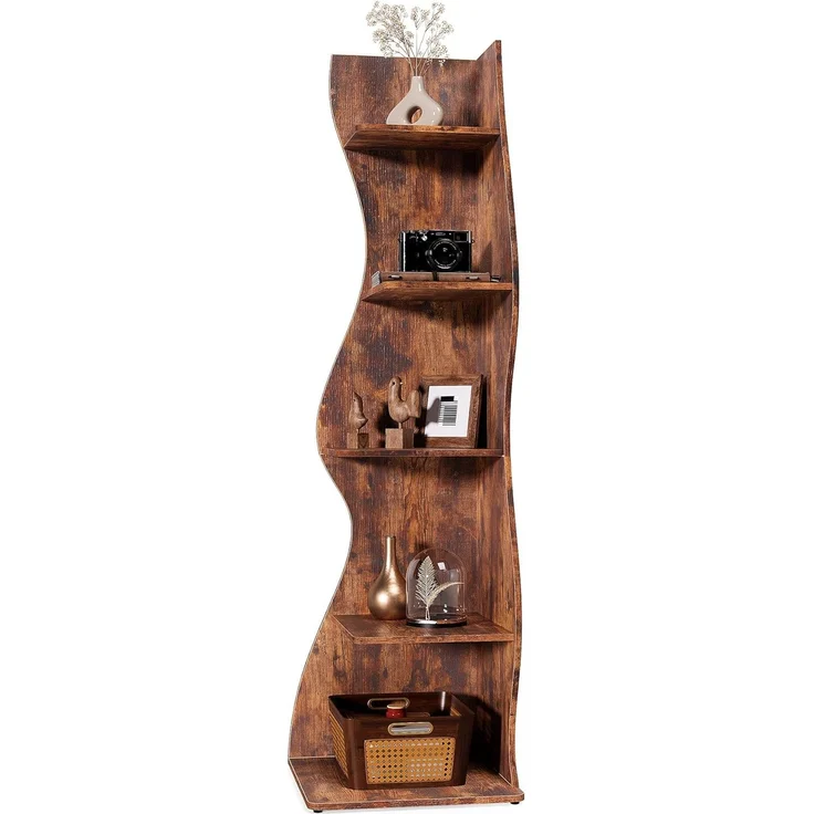 LITTLE TREE Bücherregal Ecke, Modernes Regal Schmal mit 6 Ebenen, 50 x 48 x 179 cm Bücherregal Holz, Standregal mit Wellen-Design für Kleine Räume, Wohnzimmer & Schlafzimmer, Rustikal, 1er Pack – Bild 1