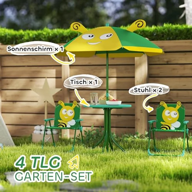 AIYAPLAY Garten-Kindersitzgruppe mit höhenverstellbarem Sonnenschirm, (Gartentisch, 2 Klappstühle, 4-tlg, Garten Kindersitzgarnitur), Bienen-Muster für 2-5 Jahre Kinder, Grün – Bild 4