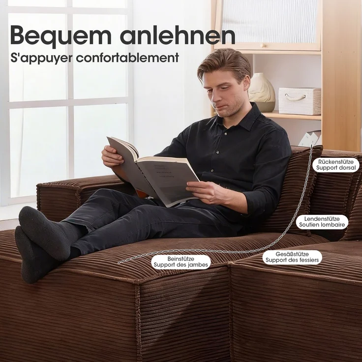 LVHOM Ecksofa 2 Sitzer, Modulares Sofa 235 cm breit, L-Form Sofa mit 2 Kissen, Schlafsofa aus Cordstoff, kein Aufbau erforderlich, Braun – Bild 5