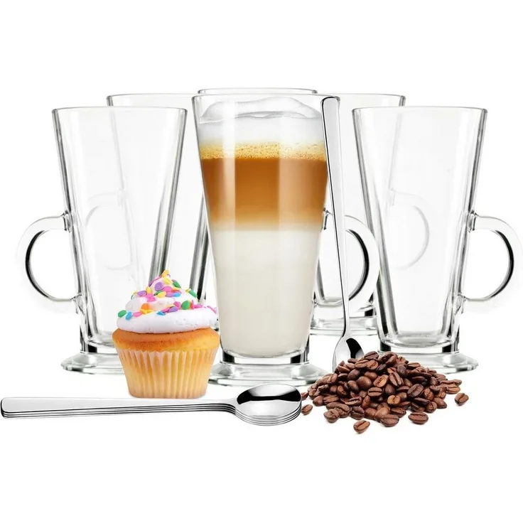 6 Latte Macchiato Gläser 280ml mit Henkel und 6 Löffel, Tee-/ Kaffeegläser