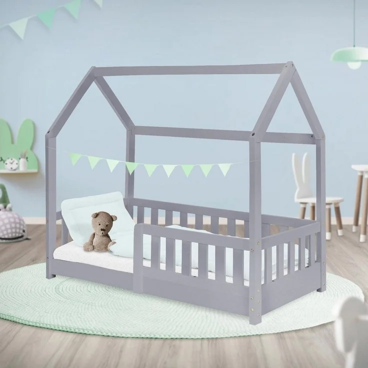 ML-DESIGN Kinderbett Hausbett Spielbett inkl. Lattenrost kreativ Bodenbett für Kinder, Abenteuerbett mit Rausfallschutz Spielbett Kiefer Hellgrau Himmelbett – Bild 2