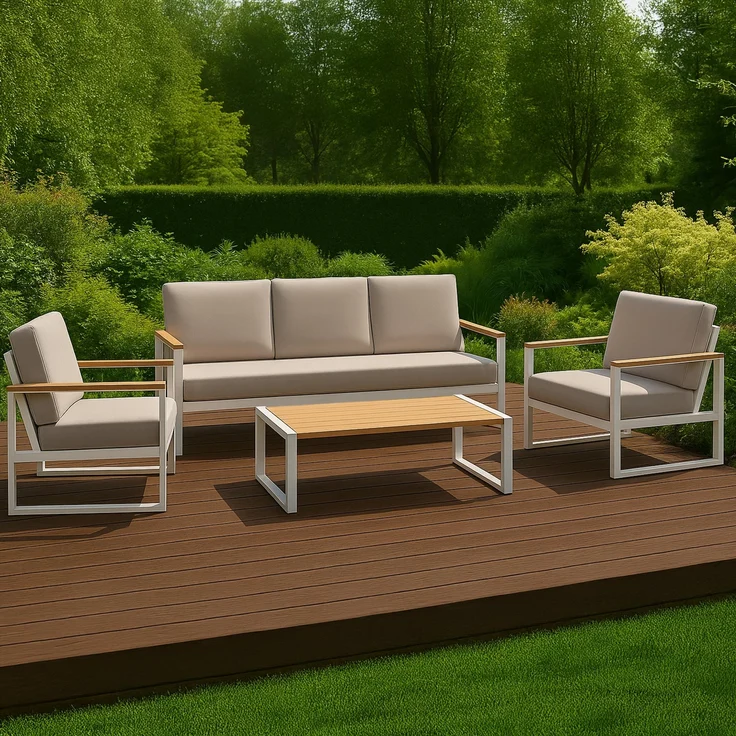 Outdoor Sitzgruppe ROROS - Stoff Weiß 323x144x75 cm | Gartenloungeset Gartenessgruppe Gartenmöbelset Stühle Bank Tisch Garten Sitzgruppe – Bild 3