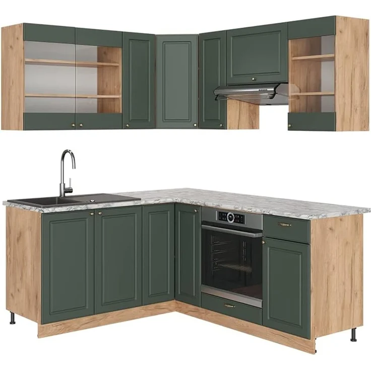 Eckküche Fame-Line Grün-Gold Landhaus/Goldkraft Eiche 190 x 160 cm ohne Arbeitsplatte Vicco – Bild 1
