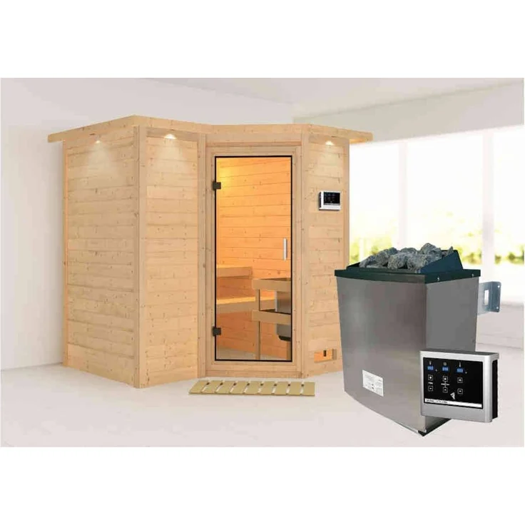 Karibu Sauna Sahib 1 mit Dachkranz + 9kW Saunaofen mit ext. Steuerung Easy Graphit-Ganzglastür – Bild 6
